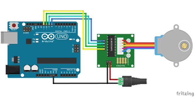 Diagrama de cableado para el controlador ULN2003 con motor paso a paso 28BYJ-48 y Arduino.