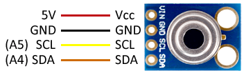 Alimentamos el módulo desde Arduino mediante GND y 5V y conectamos el pin SDA y SCL de Arduino con los pines correspondientes del sensor.